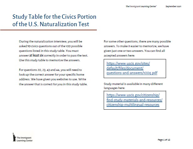 Study Table for the Civics Portion of the U.S. Naturalization Test