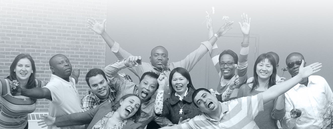 Happy people in front of a school