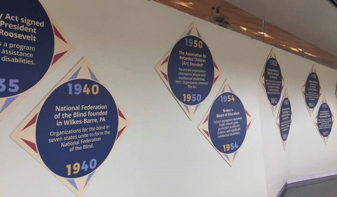 Image description: A tan wall with diamond shape signs in pairs down the hallway. Signs are in navy, red, blues and tan with years and important disability history that happened in that year}