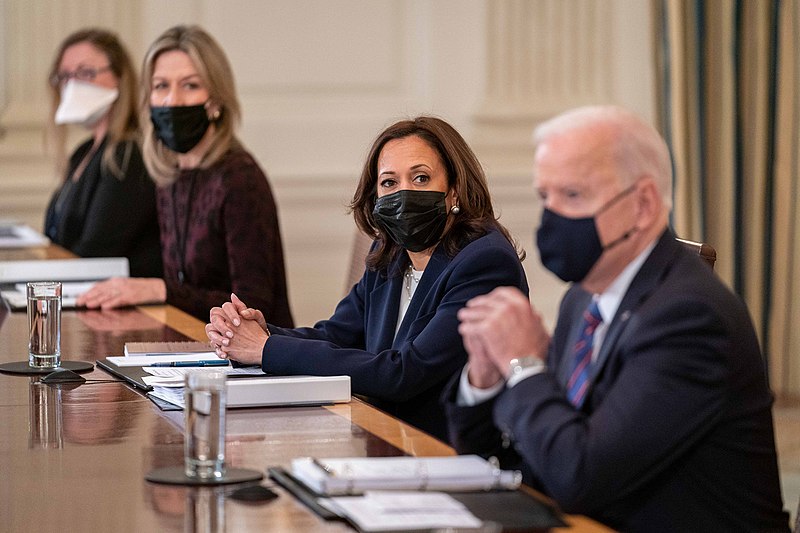 President Biden and Vice President Harris in a meeting discussion immigration.