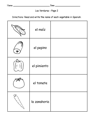Spanish Vocabulary Packet - Vegetables