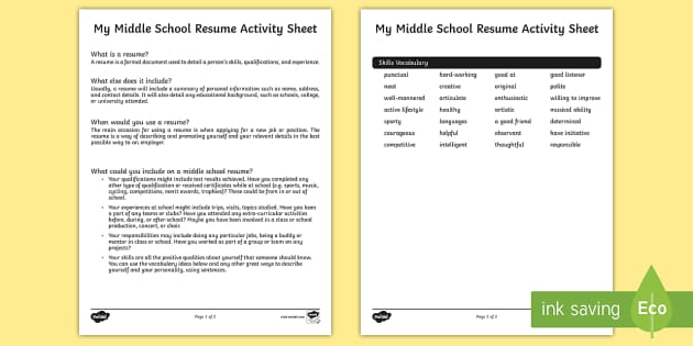 My Middle School Resume Worksheet