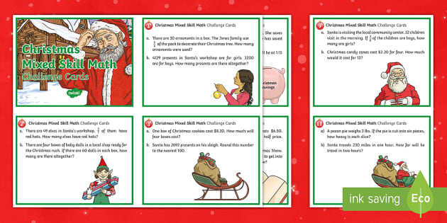 Christmas Mixed Skill Math Challenge Cards for 3rd-5th Grade