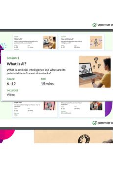 Lesson plan titled "What Is AI?" for grades 6-12, detailing a 15-minute video lesson on artificial intelligence, its benefits, and drawbacks, emphasizing AI literacy and preparation for digital spaces.