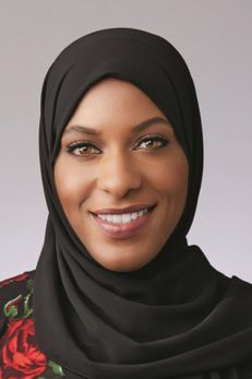 A photo of Ibtihaj Muhammad, Olympic fencer and Arab American, celebrating her achievements for Arab American Heritage Month.