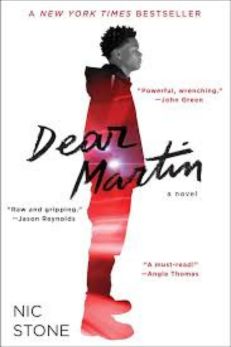 "Cover of the book 'Dear Martin' by Nic Stone, featuring a side profile of a young Black man wearing a red hoodie, standing against a white background. The figure's silhouette is filled with red and black tones. The title 'Dear Martin' is written in bold, black script across the image, with quotes from notable authors in red text scattered around the cover. The author's name, Nic Stone, is displayed in the bottom left corner."