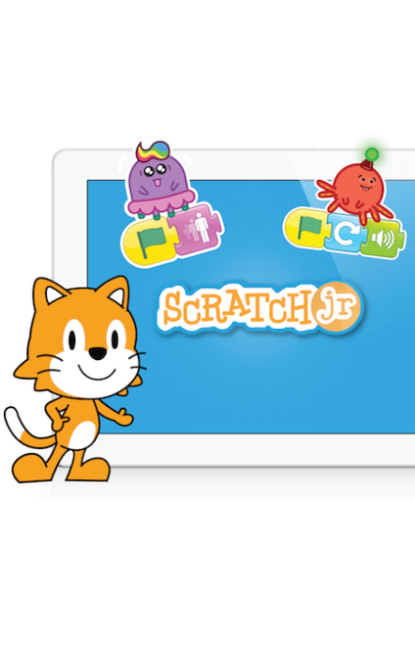 The Scratch Jr. logo with a white background and different fun creatures