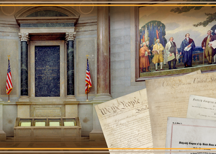 The Rotunda of the U.S. National Archives, displaying the Declaration of Independence, Constitution, and Bill of Rights, alongside historical documents and a mural depicting the Founding Fathers.