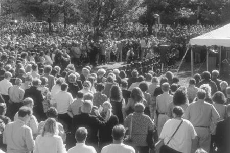 A crowd gathers in Albany, N.Y., in November 2001 for a memorial honoring the 34 PEF members who worked and died at the World Trade Center on 9/11.