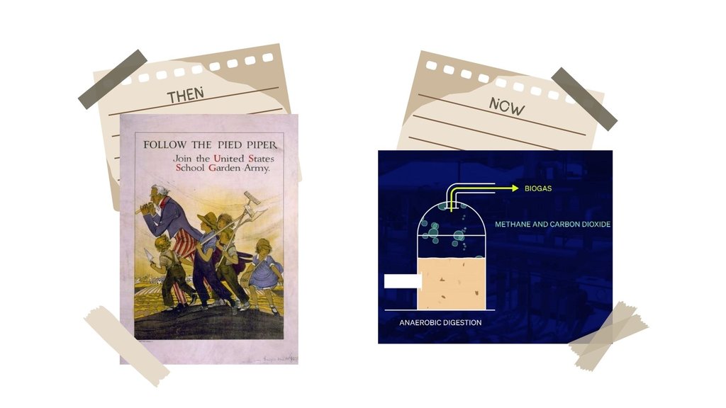 Side-by-side comparison showing “Then” and “Now.” On the left, a vintage poster encourages children to join the U.S. School Garden Army during wartime. On the right, a modern diagram illustrates anaerobic digestion, showing how food waste is converted into biogas (methane and carbon dioxide).