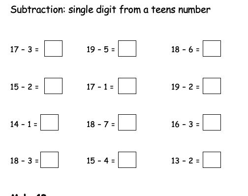 Subtraction booklet for numbers up to 20