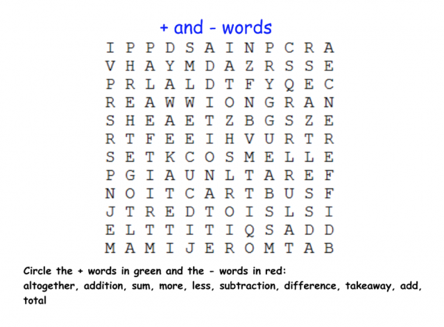 Addition and Subtraction wordsearch